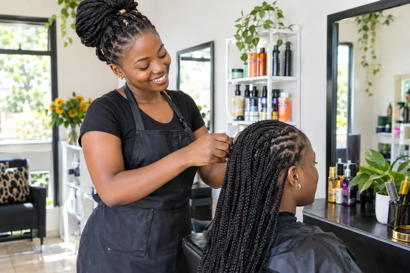 A hairdresser smiling as she braids a client's hair in a bright salon