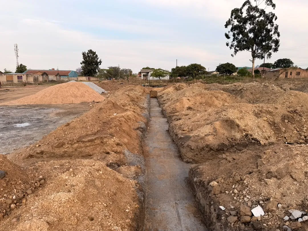 Concrete poured into the foundation trenches at Mazic Hub, Stand 37, Chivhu, 12 October 2026