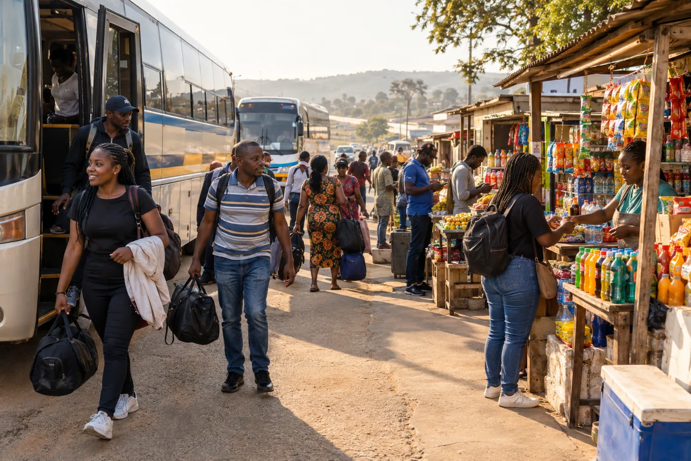 Travellers stepping off a long-distance bus and buying snacks and drinks at a roadside stop