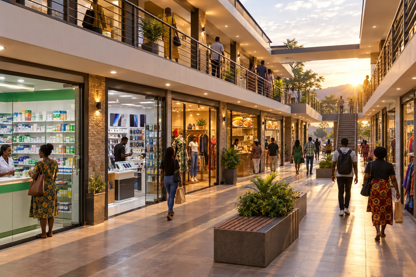 Artist's impression of a busy shop-lined walkway with a first-floor balcony at sunset